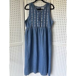 Vintage Erika & Co Denim Midi Dress Sz M Cottagecore Prairie Floral Embroidered